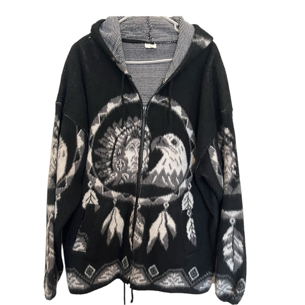 Eagle Native American inspired full zip wool black hooded jacket size XL
